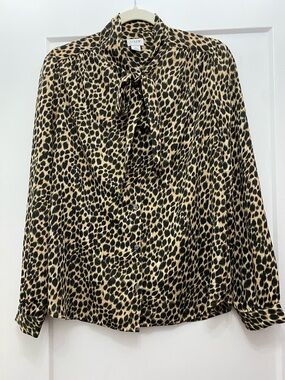 J. Crew Leopard Print Tie-Neck Button Down Blouse - Black & Tan